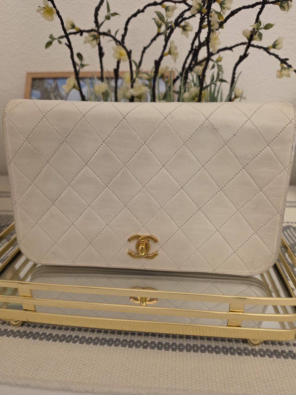 Chanel Classic Quilted White Leather Flap Bag with Gold Hardware